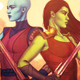 Cover art from the Disney Books novel Gamora and Nebula: Sisters in Arms. Nebula, holding a spear, looks to the left, as her sister Gamora, holding a sword, looks to the right.